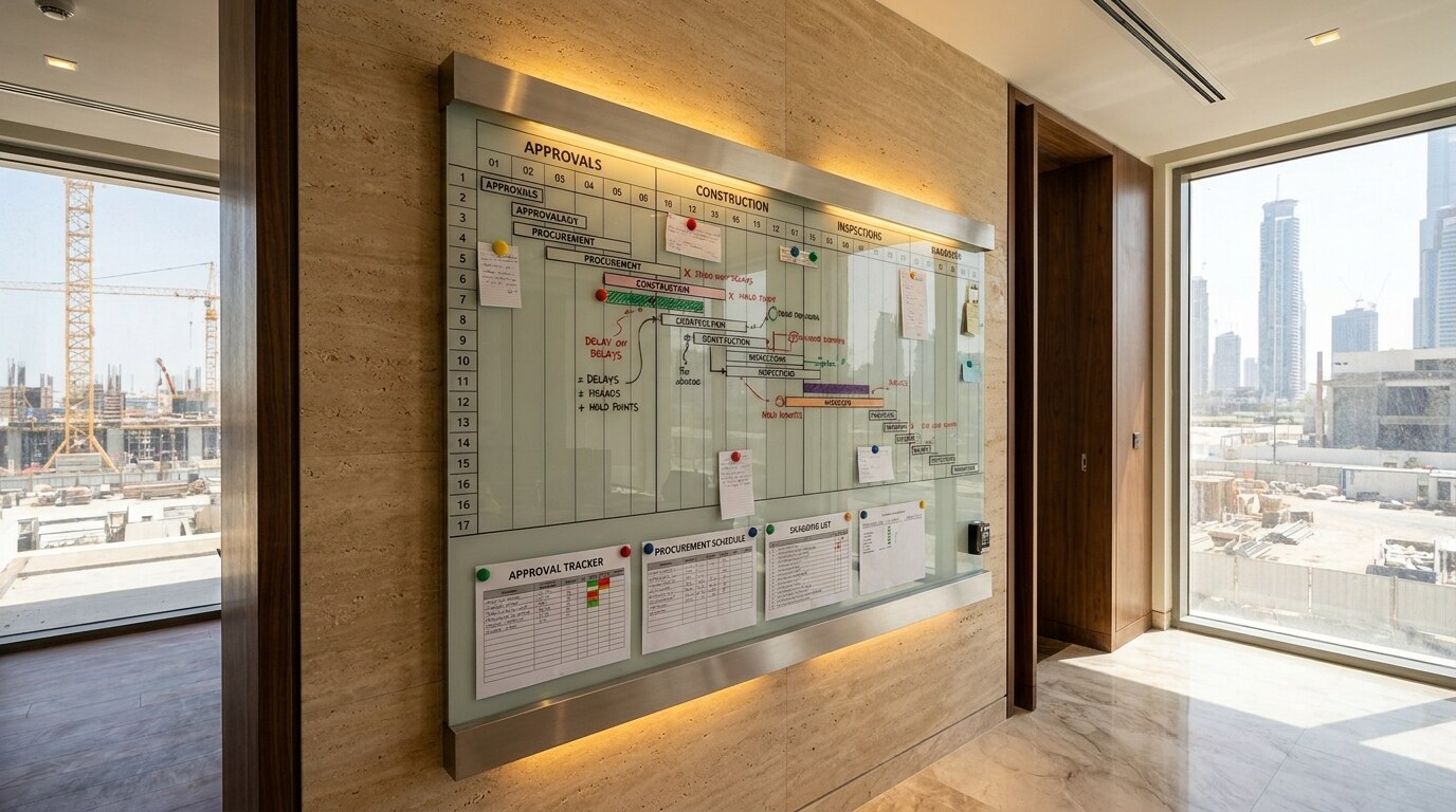 Dubai Villa Construction Timelines: Why 12 Months Becomes 24 Months visual reference 1 showing Dubai villa construction timeline board with 24 month schedule, approvals, procurement, and inspection milestones