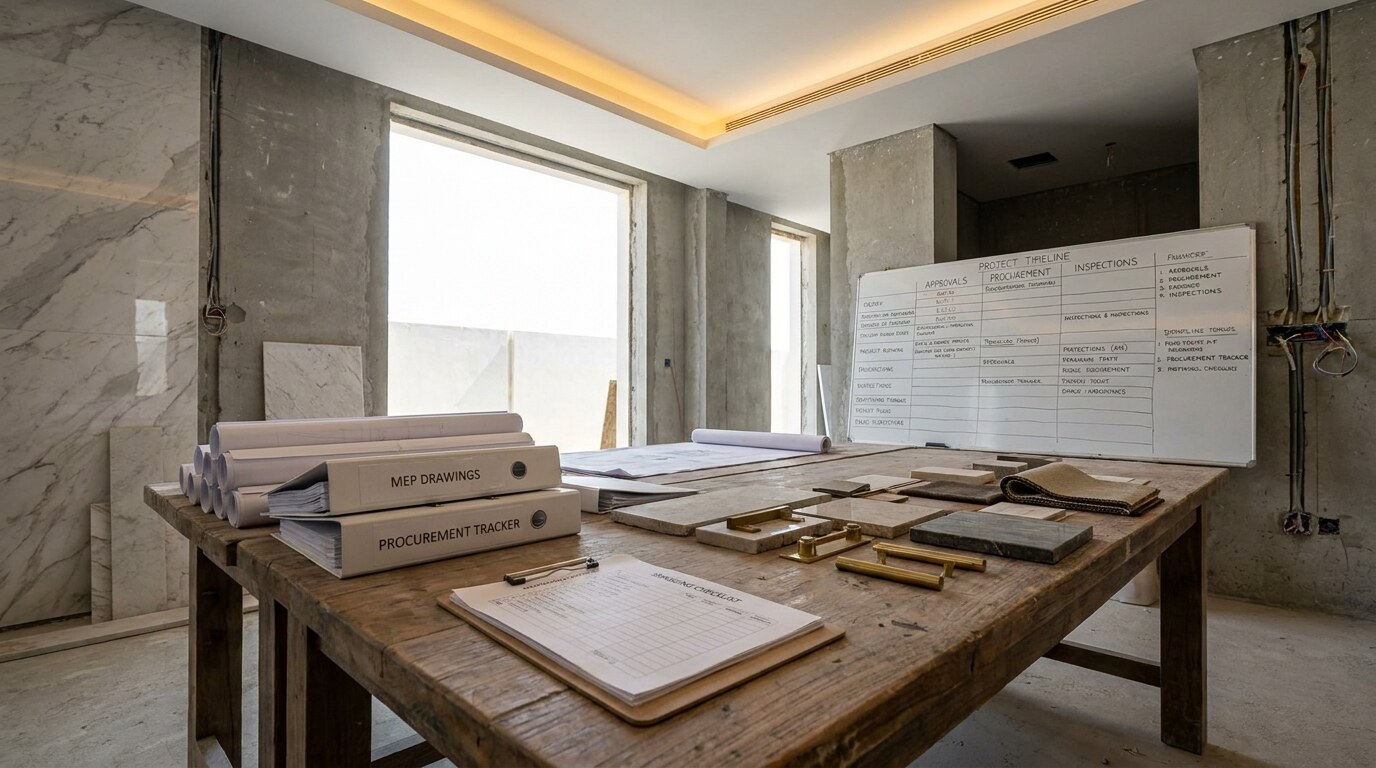 Dubai Villa Construction Timelines: Why 12 Months Becomes 24 Months visual reference 2 showing site meeting table with material approvals, MEP drawings, procurement tracker, and snagging checklist
